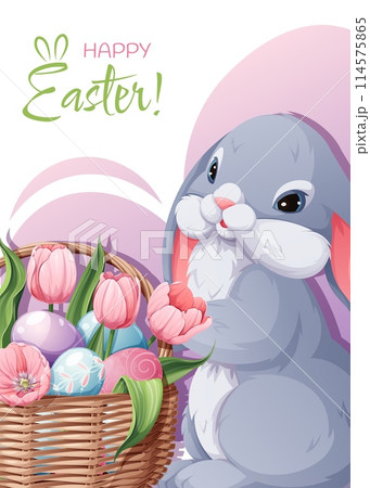 Easter greeting card template. Poster with the Easter bunny and a basket with eggs and tulips. Spring cute holiday illustration Easter greeting card template. Poster with the Easter bunny and a basket with eggs and tulips. Spring cute holiday illustration 114575865