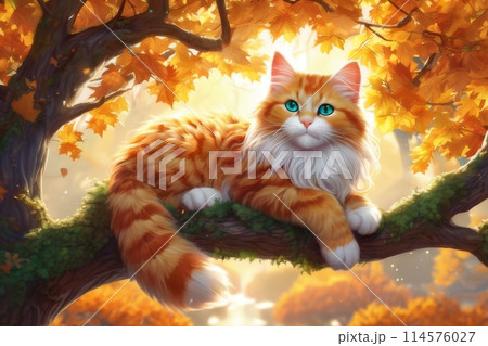 view of a cat in the autumn forest 114576027