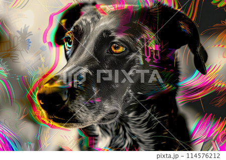 A black dog with a yellow eye is staring at the camera 114576212