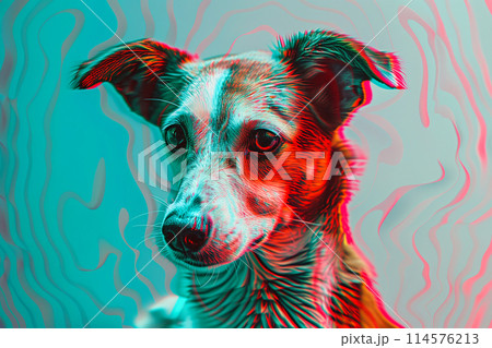 A dog with a red nose and brown and white fur is staring at the camera 114576213