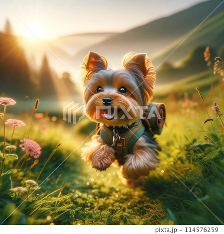 朝日の中を冒険する小さなハイカー 朝日の中を冒険する小さなハイカー 114576259