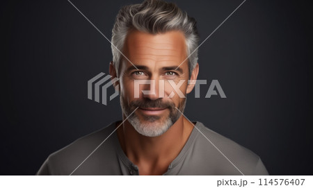 Portrait handsome bearded caucasian mature man looking at camera posing on black studio background 114576407