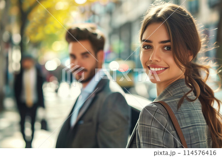 Portrait of beautiful happy young woman and man in business suit, couple coworkers on city street 114576416