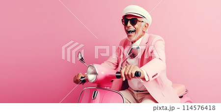 Cheerful happy senior man riding pink scooter, stylish elderly driver drive moped, summer vacation 114576418