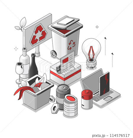 Waste sorting - isometric red and black line illustration Waste sorting - isometric red and black line illustration 114576517