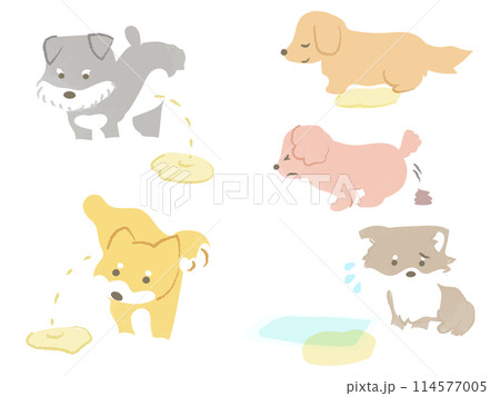 トイレをする犬のイラストセット 主線なし トイレをする犬のイラストセット 主線なし 114577005