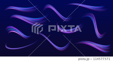 Neon color glowing lines background, high-speed light trails effect. Big data traffic visualization, dynamic high speed data streaming traffic. Light blue Twirl. Electric light, light effect. 114577371