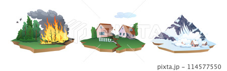 Wildfire, earthquake and avalanche 2D cartoon objects set 114577550