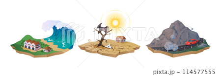 Natural disaster accidents danger 2D cartoon objects set Natural disaster accidents danger 2D cartoon objects set 114577555
