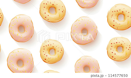 Seamless pattern of striped pink donuts on a white background. The minimal concept of popular baking. Seamless pattern of striped pink donuts on a white background. The minimal concept of popular baking. 114577650