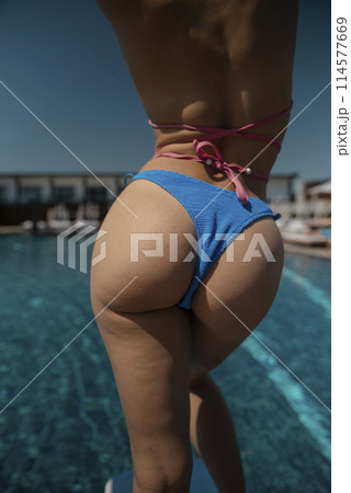 An alluring woman in a bikini embraces the summer sunshine. 114577669