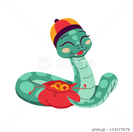Happy snake with golden coins sack 2D cartoon character 114577678
