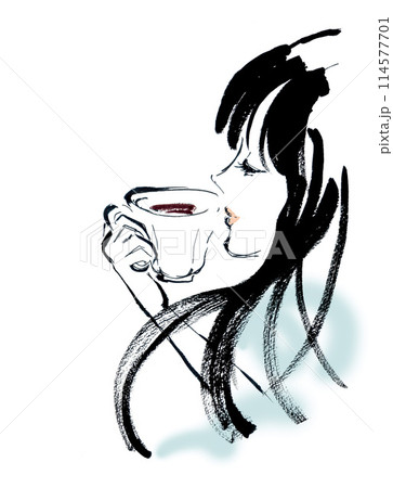 コーヒーを飲む長い黒髪の女性の横顔の手書きイラスト コーヒーを飲む長い黒髪の女性の横顔の手書きイラスト 114577701