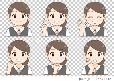 A set of six different facial expressions and poses for a young female office worker A set of six different facial expressions and poses for a young female office worker 114577742
