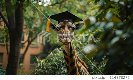 A giraffe wearing a graduation cap, standing tall among towering trees. Education and graduation 114578275