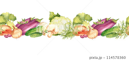 Vegetables horizontal Watercolor Seamless Border Pattern. Hand drawn botanical illustration. Can be used for fabric, textile, packaging print, product design. 114578360
