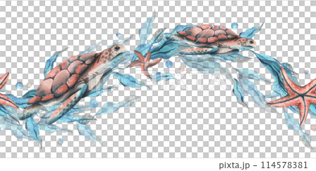 Turtles, seaweed in the shape of a wave with starfish and water bubbles. Watercolor illustration hand drawn in turquoise and coral colors. Seamless border, pattern isolated from the background. 114578381