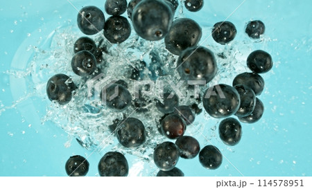 Freeze Motion of Blueberries Falling into Water, Splashing. Freeze Motion of Blueberries Falling into Water, Splashing. 114578951