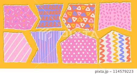 Set of torn papers with funny childish patterns . Bright color palette collage shapes of ripped paper silhouettes. Old vintage paper backgrounds. Abstract pastel scratched design. Vector illustration 114579223
