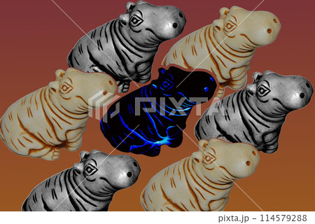 Illustration with hippos. Seven images of a hippopotamus. Three colours. Illustration with hippos. Seven images of a hippopotamus. Three colours. 114579288