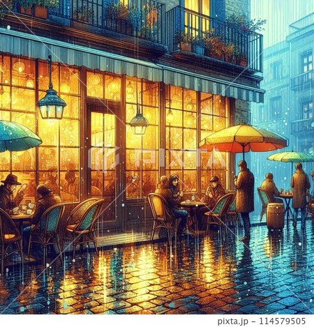 雨の日のカフェ～にぎわい～のイラスト素材 [114579505] - PIXTA