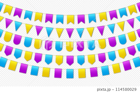 Bunting flags, carnival party flags, festive pennants hanging on a rope. Bunting flags, carnival party flags, festive pennants hanging on a rope. 114580029