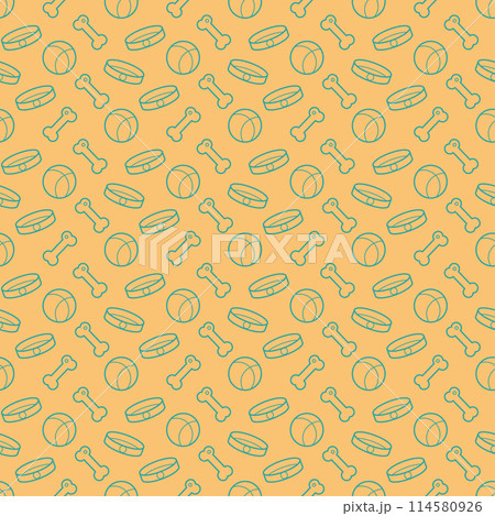 Seamless pattern with a bone, ball, collar. Doodle vector outline illustration. 114580926