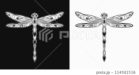 Fantasy dragonfly with stretched wings in Art Nouveau style. Single isolated black and white illustration in vintage style. Top view. 114581516