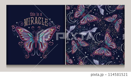 Set of mysterious seamless pattern, label with fantasy colored butterfly, moths, crescent moon, stars, star dust, text. Art Nouveau style. Vintage style. 114581521