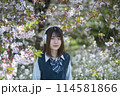 ヘッドフォンと桜と女子高生 114581866