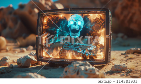 Sci-Fi Retro Futuristic Monitor with Skull in Apocalypse Style 114581933
