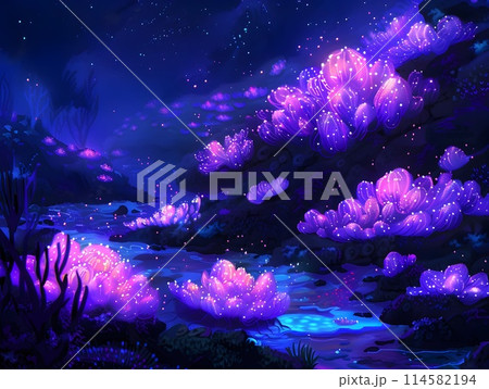 Bioluminescent Coral Reef Glowing in the Ethereal Underwater Realm A Mesmerizing Panorama of Neon Tentacles Drifting Plankton and Luminescent Marine Bioluminescent Coral Reef Glowing in the Ethereal Underwater Realm A Mesmerizing Panorama of Neon Tentacles Drifting Plankton and Luminescent Marine 114582194