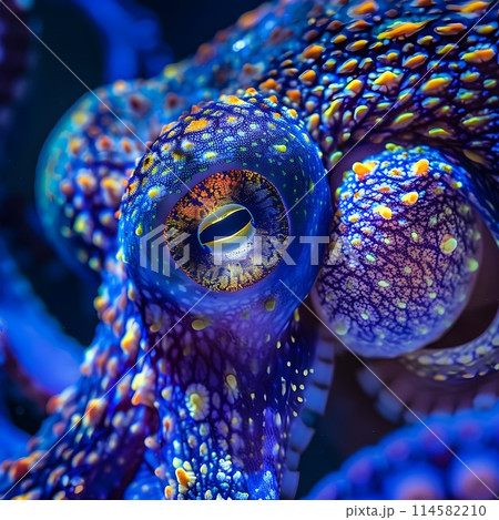 Captivating Bioluminescent Octopus Closeup in the Depths of the Ocean Showcasing its Vibrant Otherworldly Beauty 114582210