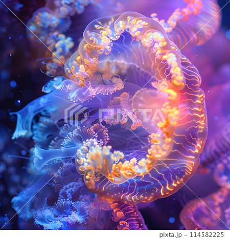 Captivating Glowing Jellyfish Underwater in Iridescent Neon Palette of Vibrant Color and Light 114582225