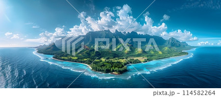 Dramatic Contrast of Mountainous Terrain and Deep Blue Ocean in Captivating Aerial Drone Photograph of Idyllic Tropical Island Paradise 114582264