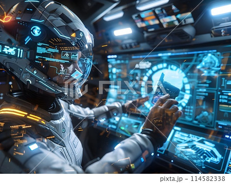 Astronaut Interacting with Futuristic Spaceship Cockpit Interface and Technology 114582338