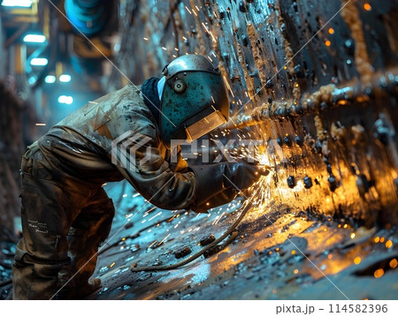 Close up of Skilled Welder Repairing Massive Shipbuilding Hull with Sparks Illuminating the Industrial Scene 114582396