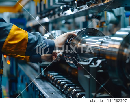 Close Up of Skilled Worker Examining Industrial Lathe in Manufacturing Facility 114582397