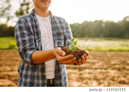 A man holds a green plant in his hands. Growing food. Agriculture concept. A man holds a green plant in his hands. Growing food. Agriculture concept. 114582555