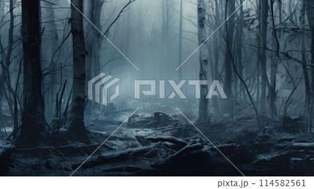 Gloomy winter forest. Bare tree trunks and windfall at dusk in the fog. 114582561