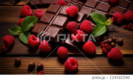 Classic chocolate bars, ripe red raspberry, mint leaves and nuts on wooden surface, close-up. 114582590