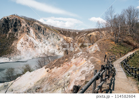 Jigokudani Hell Valley Lake Oyunuma and trail road in Noboribetsu, Hokkaido, Japan 114582604
