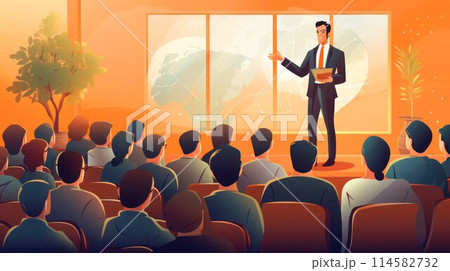 Male speaker in a business suit makes a speech to the audience at the conference hall. Male speaker in a business suit makes a speech to the audience at the conference hall. 114582732