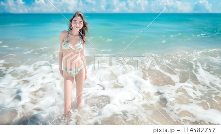 夏の海と水着を着た笑顔の女性のイラスト素材 [114582757] - PIXTA