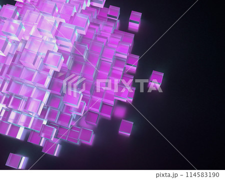 崩壊するクリスタルキューブのピラミッド。積み上げられたキューブの3Dイラスト 114583190