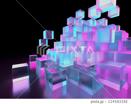 崩壊するクリスタルキューブのピラミッド。積み上げられたキューブの3Dイラスト 114583192