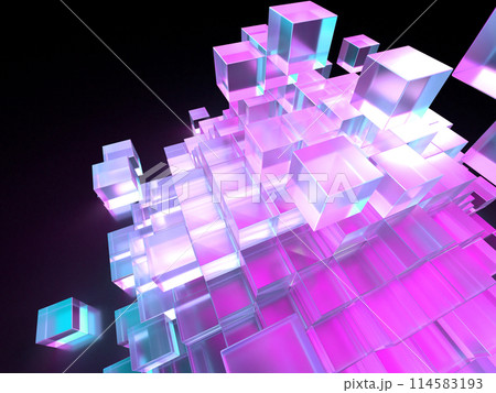 崩壊するクリスタルキューブのピラミッド。積み上げられたキューブの3Dイラスト 114583193