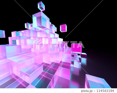 崩壊するクリスタルキューブのピラミッド。積み上げられたキューブの3Dイラスト 114583194