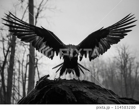 bird with raised wings and an ominous look 114583280