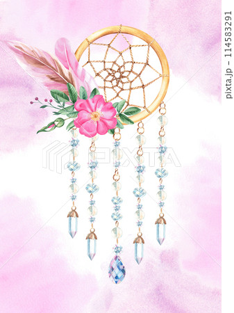 Dream Catcher Card or Poster Template with with beads, crystals, rose hip flowers and pink feathers. Pink Watercolor splashes. Watercolor hand drawn illustration. Bohemian decoration, chic design 114583291